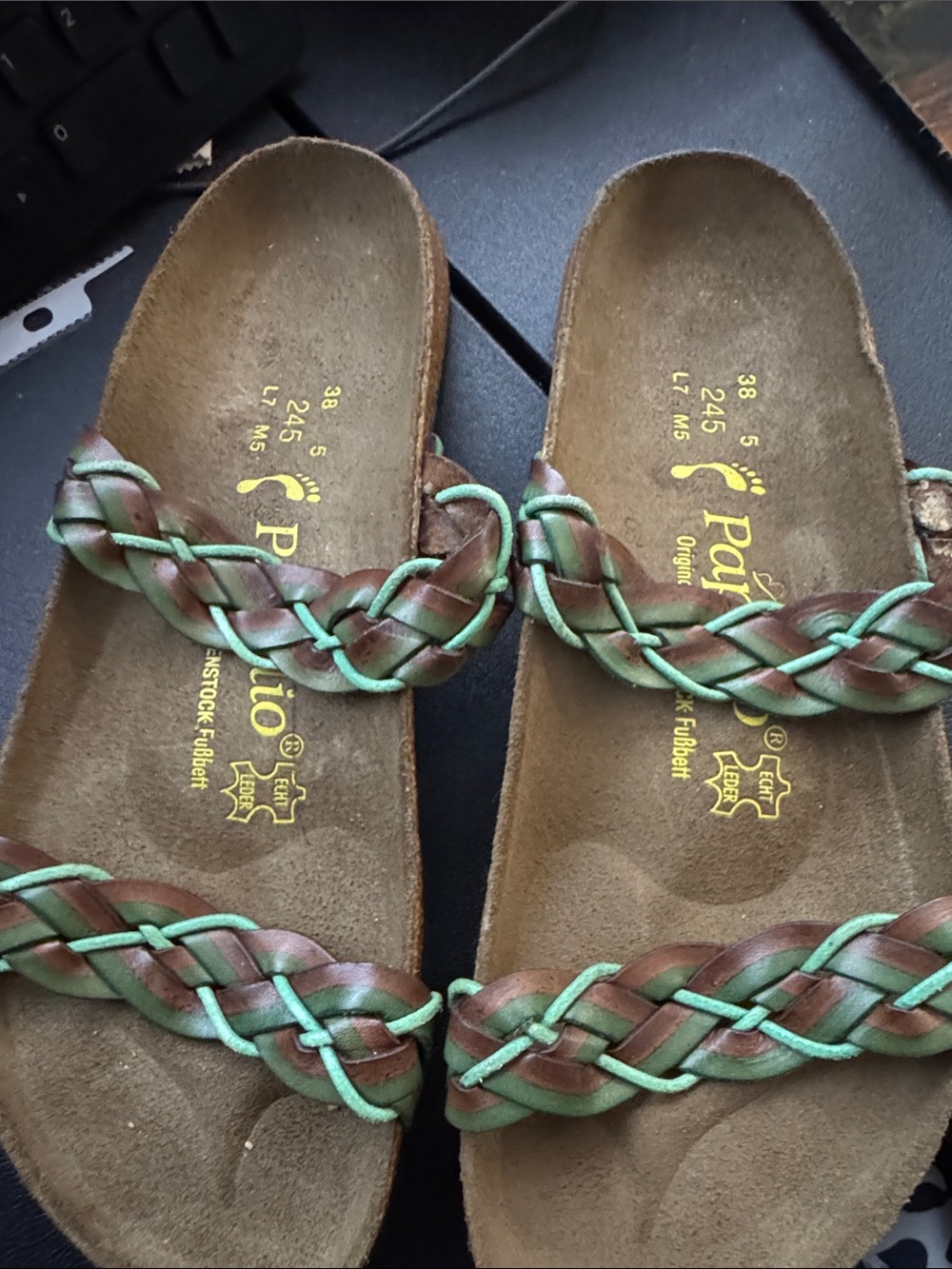 Papillio Braided Leather Slide Sandals in Brown and Green